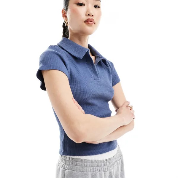 Топ Asos Design Short Sleeve Waffle Fitted Polo, пыльно-синий
