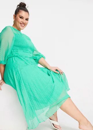 Изумрудно-зеленое платье миди со складками и с плиссировкой из ткани добби ASOS DESIGN Curve-Зеленый цвет