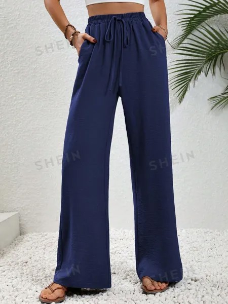 SHEIN LUNE женские однотонные длинные брюки с завышенной талией и завязками на талии и карманами, темно-синий