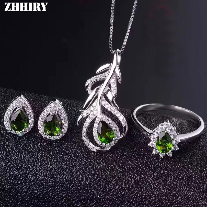 Женский Ювелирный Комплект ZHHIRY из драгоценных камней, подлинное серебро 925 пробы, кольцо, серьги, подвеска, цепочка, ювелирные изделия