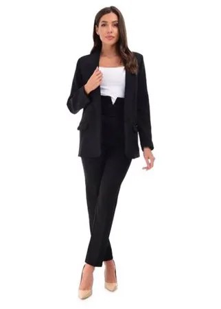 Женский классический костюм двойка, укороченные брюки с завышенной талией, удлиненный прямой пиджак оверсайз oversize, черный цвет, размер 48