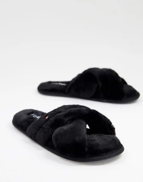 Черные слиперы-шлепанцы из искусственного меха с перекрестными ремешками Pour Moi-Черный цвет