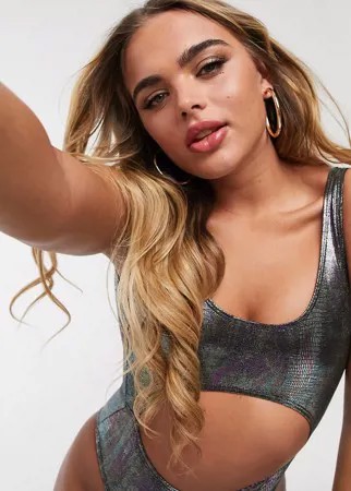 Слитный купальник со змеиным принтом металлик Missguided-Многоцветный