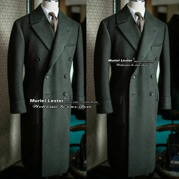 Осенне-зимние зеленые костюмы, куртка, индивидуальный заказ, облегающее двубортное длинное Мужское пальто, твидовый шерстяной и смешанный ...