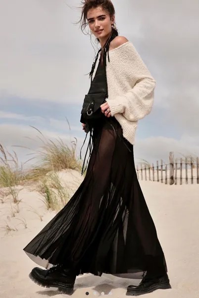 Макси-юбка-комбинация в сетку Free People Godet Girl с расклешенным подолом, черная прозрачная эластичная S-образная НОВИНКА