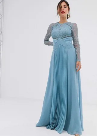 Платье макси с плиссировкой и кружевными вставками ASOS DESIGN-Синий