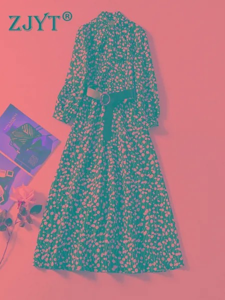 ZJYT Европейская мода воротник с бантом ретро цветочный принт миди платье с поясом женские элегантные весенние платья повседневные женские в...