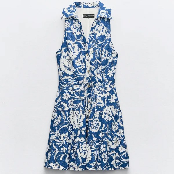 Платье Zara Printed Mini With Cutwork Embroidery, синий/белый