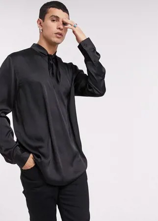 Атласная рубашка классического кроя с завязкой на шее ASOS DESIGN-Черный