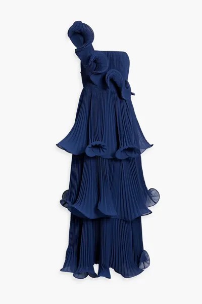 Ярусное платье из плиссированного шифона на одно плечо Badgley Mischka, темно-синий