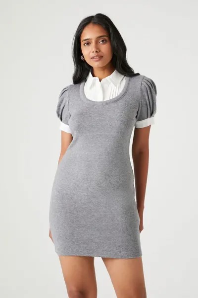 Комбинированное мини-платье-рубашка с пышными рукавами Forever 21, серый