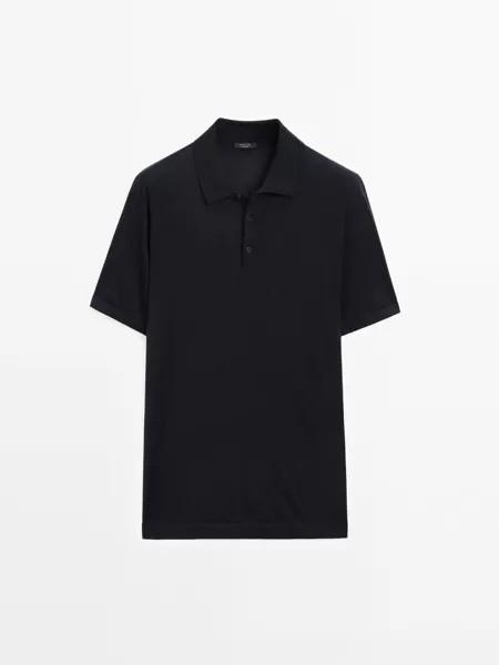 Свитер-поло с короткими рукавами из смеси шерсти Massimo Dutti, синий