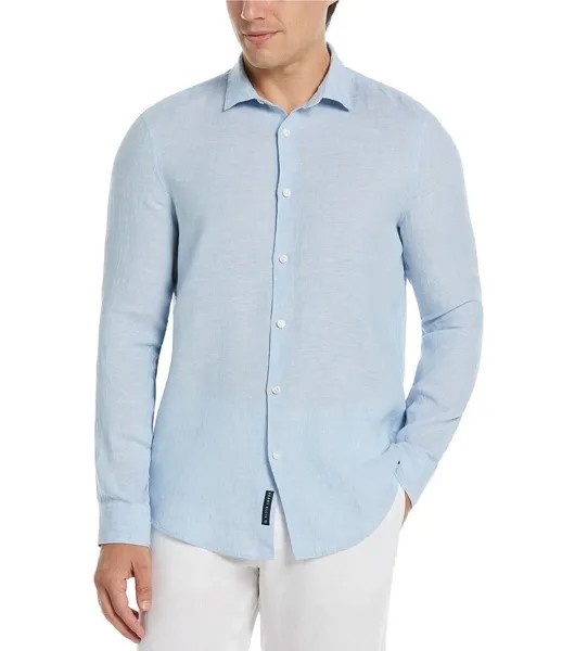 Однотонная льняная тканая рубашка с длинными рукавами Perry Ellis, синий