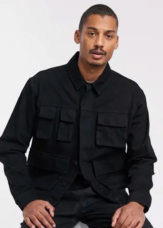 Черная джинсовая куртка с карманами в стиле милитари ASOS DESIGN-Черный