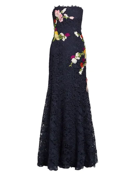 Кружевное платье без бретелек с цветочной вышивкой Monique Lhuillier, нави