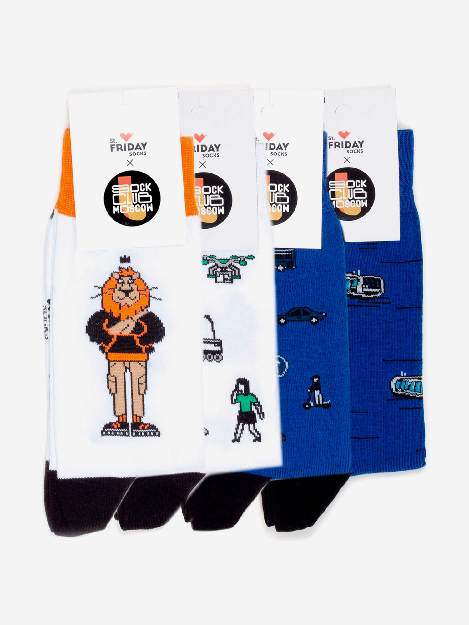 Комплект носков St.Friday Socks x Sock Club Moscow, Транспорт, Москвичи, Четыре пары носков, Белый