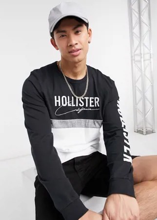 Лонгслив в стиле колор блок черного и серого цвета с логотипом Hollister-Черный цвет
