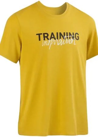 Футболка для фитнеса хлопковая эластичная желтая с рисунком, размер: L., цвет: Медовый NYAMBA Х Декатлон