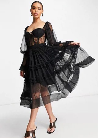 Черное платье миди из тюля с лифом в стиле корсета Lace & Beads-Черный цвет