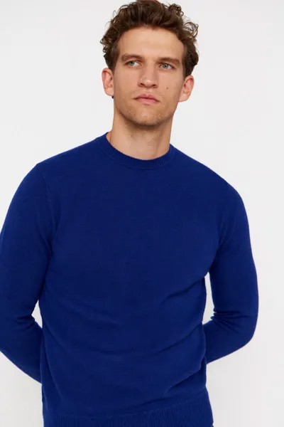 Шерстяной свитер с круглым вырезом из овечьей шерсти Cortefiel, темно-синий
