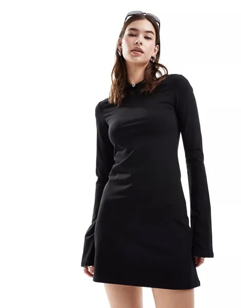 Платье мини Weekday Serena Boat Neck Long Sleeve With Trumpet Sleeves, черный