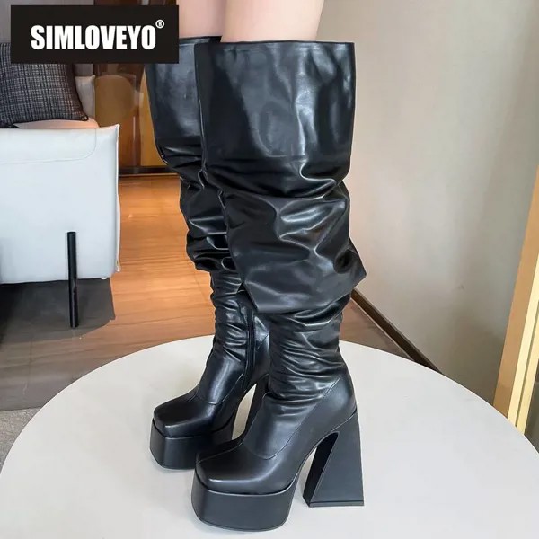 Женские облегающие сапоги SIMLOVEYO, 52 см, квадратный носок, необычный каблук, 14 см, плиссированные, широкие, открытые, на платформе, 5,5 см, готический стиль, большие размеры 43 44