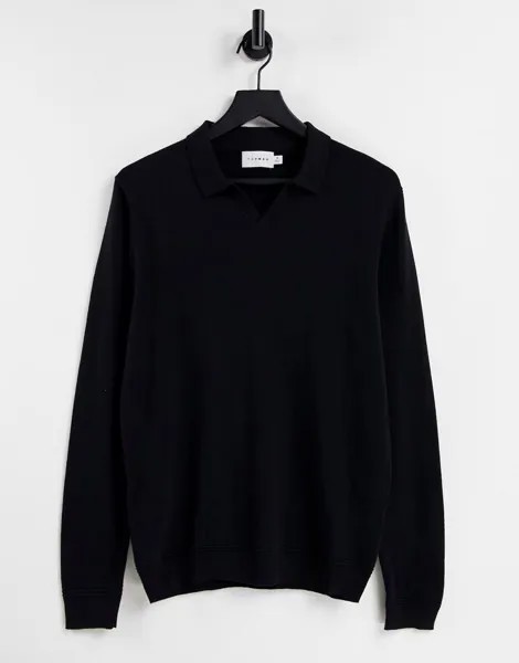 Черный трикотажный лонгслив с воротником поло без застежки Topman-Черный цвет