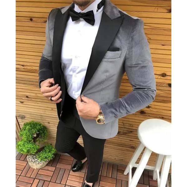 Серебряные бархатные повседневные мужские костюмы, свадебный смокинг для жениха из 2 предметов, черный облегающий деловой пиджак с лацканами и брюками