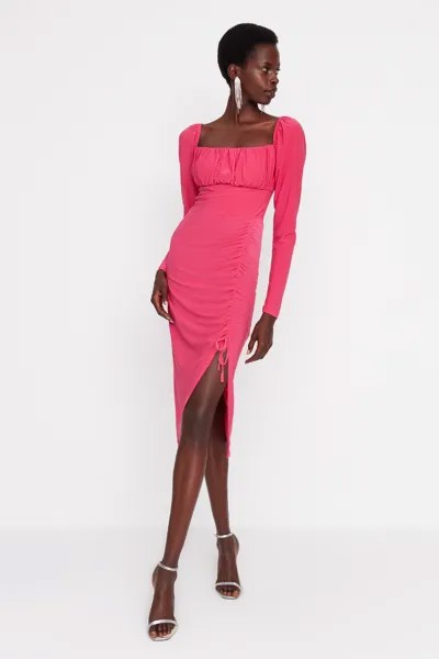 Вязаное вечернее платье цвета фуксии с оборками Trendyol, розовый