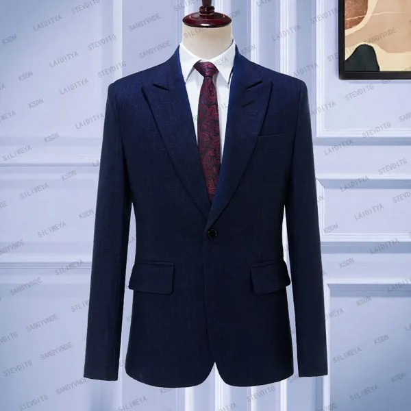 Новое поступление 2023 темно-синий джинсовый смокинг в полоску мужской костюм облегающий для свадьбы повседневный деловой джентльменский ко...