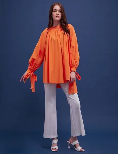 Блузка со складками из полосатого гипюра оранжевая Kayra