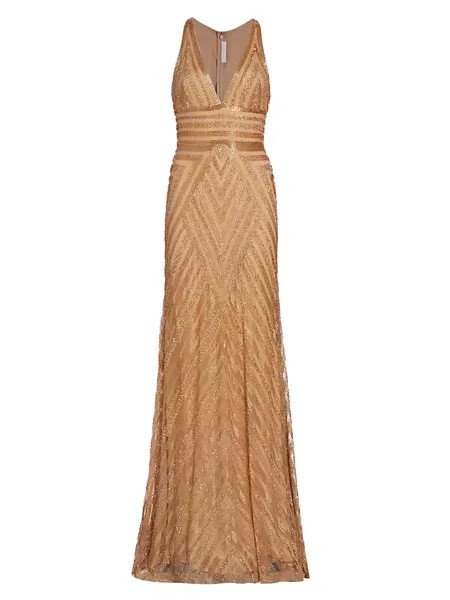 Платье с V-образным вырезом и геометрическим бисером Naeem Khan, золото