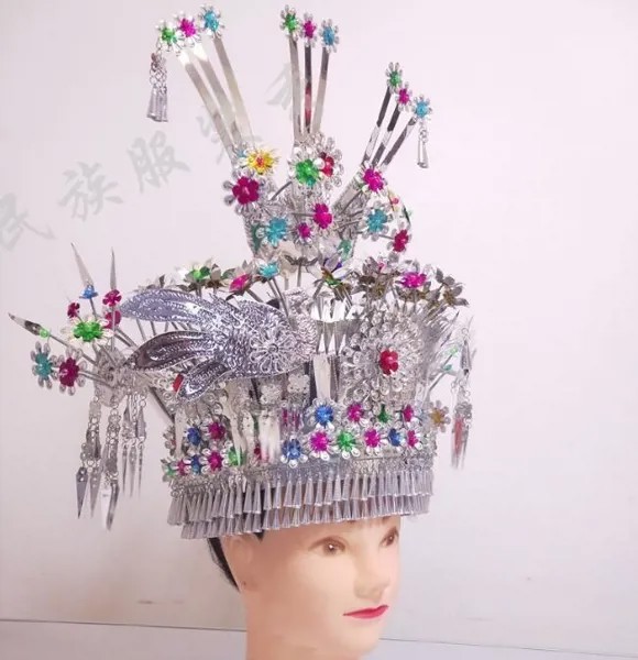 Китайские Hmongb женские серебряные шапки Miao Totem Chi You Hat невеста аксессуары для волос для сценических танцев