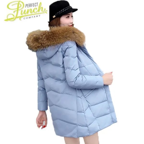 Размера плюс 3XL зимняя куртка для женщин 2021 новый элегантный пуховое пальто толстовка с мехом енота; Женские теплые средней длины Верхняя од...