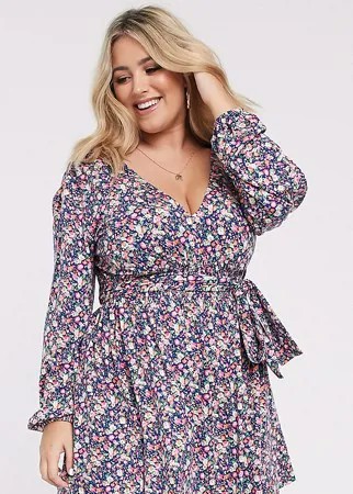 Синее платье мини с длинными рукавами и цветочным принтом ASOS DESIGN Curve-Мульти