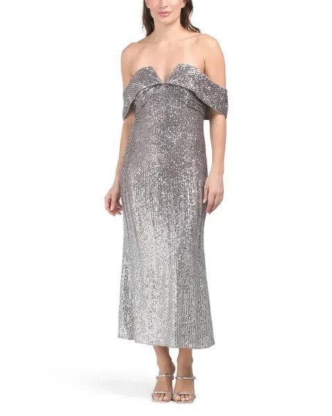 Платье омбре с открытыми плечами и пайетками Badgley Mischka, цвет Pewter