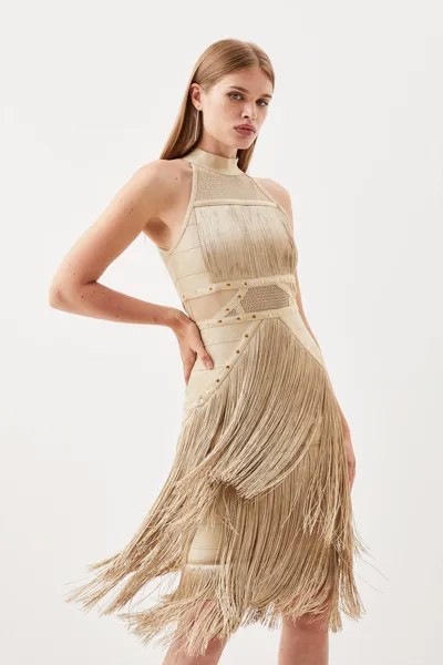 Вязаное платье миди с сетчатой ​​вставкой и бахромой с заклепками и воротником-халтер Karen Millen, золото
