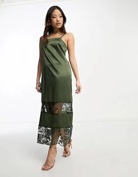 Платье-комбинация цвета хаки с кружевной отделкой River Island Petite
