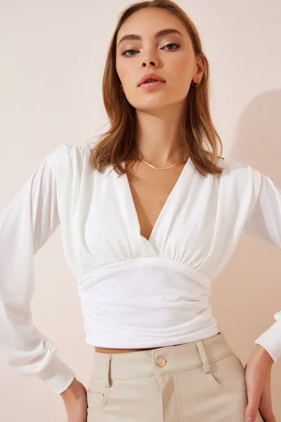 Женская укороченная блузка песочного цвета с глубоким v-образным вырезом цвета экрю Happiness İstanbul