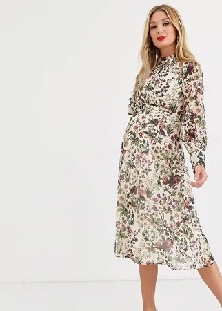 Кремовое платье миди с высоким воротом и сборками на манжетах Hope & Ivy Maternity-Белый