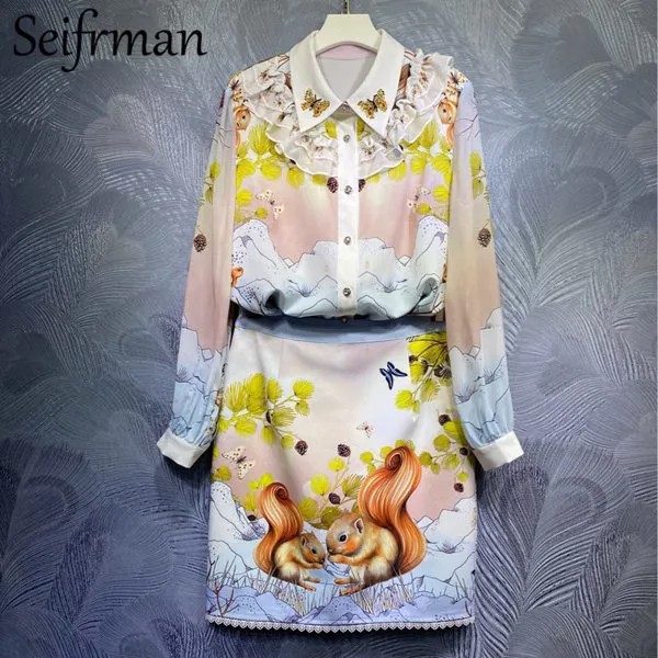 Женский модельный комплект с юбкой Seifrmann, блузка свободного кроя с рукавами-фонариками, оборками и бисером и юбки с принтом и высокой талией, лето 2021