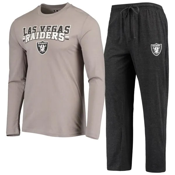 Мужская футболка Concepts Sport черного/серебристого цвета с длинными рукавами и брюками Las Vegas Raiders Meter, комплект для сна