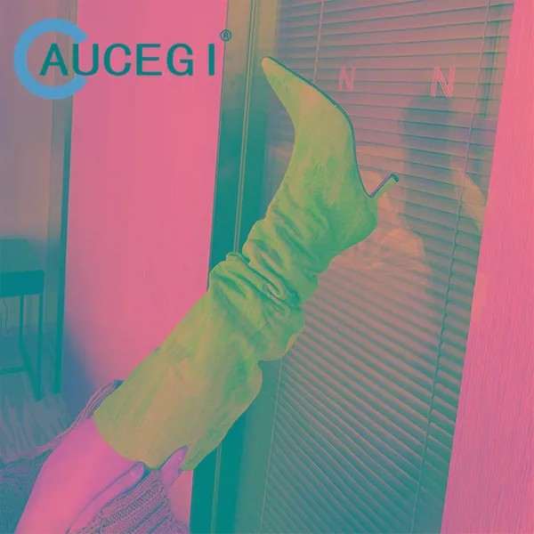Aucegi весна-осень сексуальные на тонком каблуке с острым носком джинсовые слипоны выше колена женские элегантные вечерние туфли ручной работы
