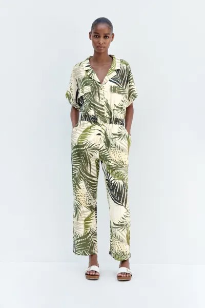 Худи с тропическим принтом Zara, экрю/хаки