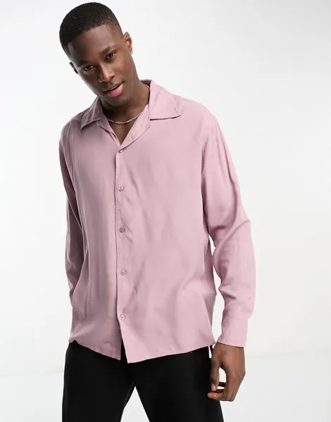 Selected Homme – розовая рубашка с длинными рукавами и кубинским воротником