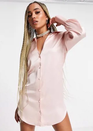 Свободное атласное платье-рубашка мини с глубоким вырезом ASOS DESIGN-Розовый цвет