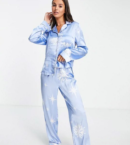 Голубая атласная пижама в новогоднем стиле с брюками и рубашкой с длинными рукавами, принтом снежинок и подарочной сумкой ASOS DESIGN Tall-Голубой