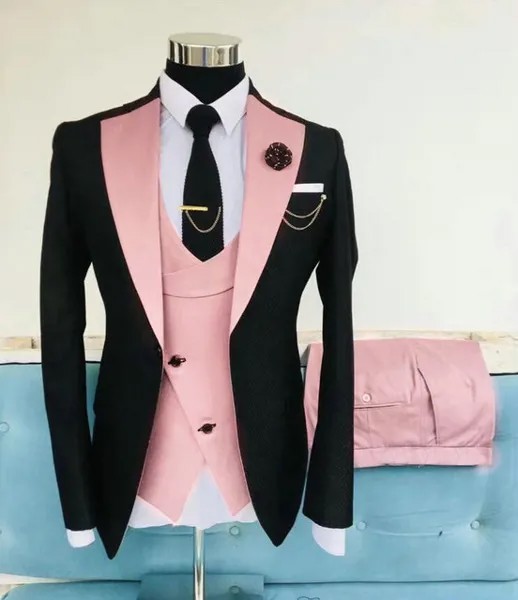 Новейший дизайн пальто и брюк, черный и розовый жилет, мужские классические костюмы для свадьбы, смокинг для жениха, приталенный силуэт Terno ...