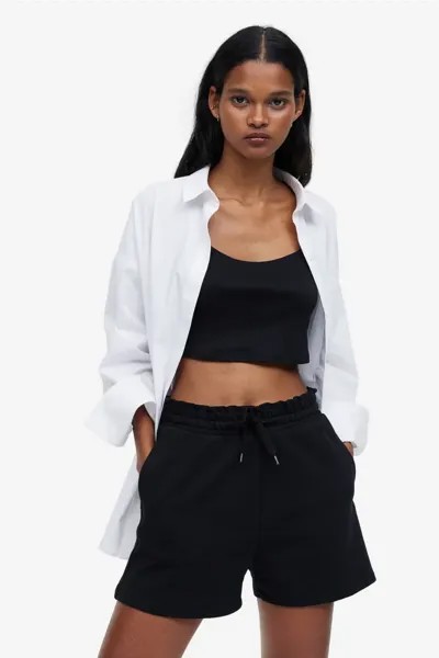 Спортивные трикотажные шорты с поясом из бумажного пакета  H&M, черный