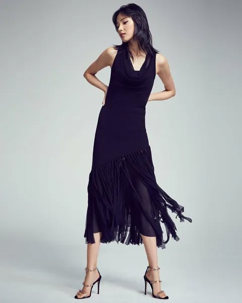 Черное платье-макси FUZZI с драпировкой, тюлевым низом и бахромой, с капюшоном и бахромой, L ~ 12